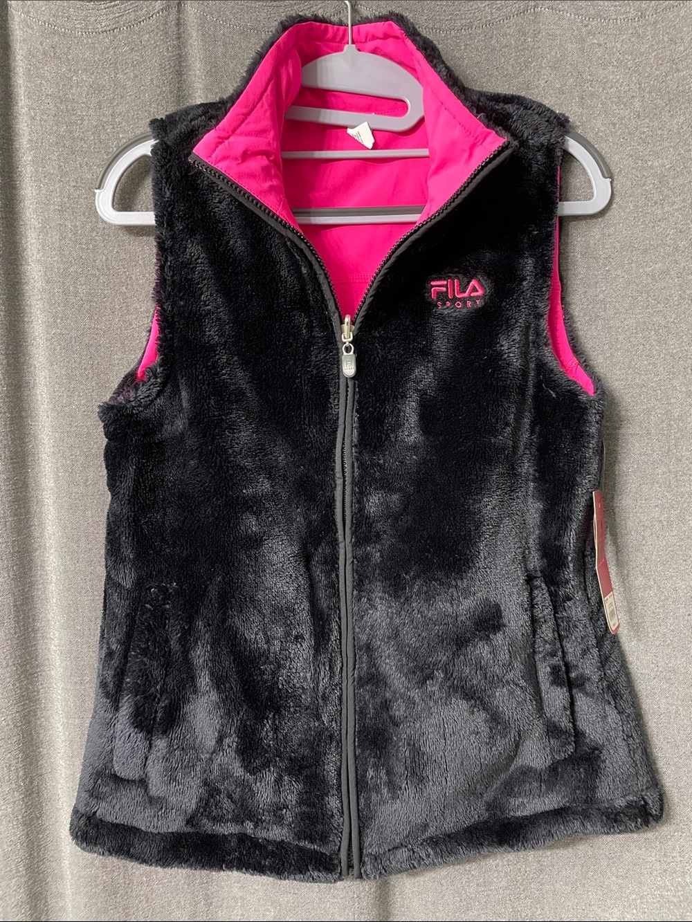 Fila Reversible Black Faux-Fur Vest with Pink Lining